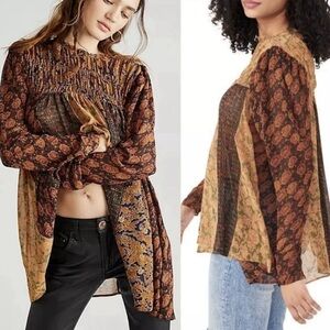 Merrie Mix FREE PEOPLE Boho Smocked Top Dress Tunic Neutral Brown Florals Small